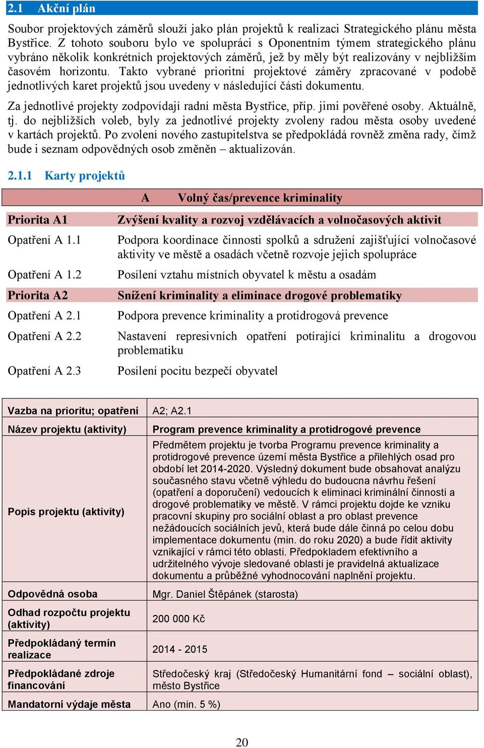 Takto vybrané prioritní projektové záměry zpracované v podobě jednotlivých karet projektů jsou uvedeny v následující části dokumentu. Za jednotlivé projekty zodpovídají radní města Bystřice, příp.