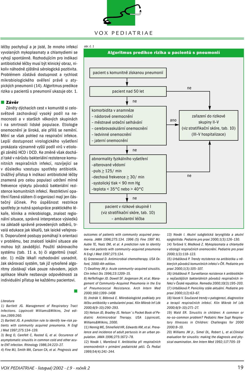 Problémem zůstává dostupnost a rychlost mikrobiologického ověření právě u atypických pneumonii (14). Algoritmus predikce rizika u pacientů s pneumonií ukazuje obr. 1. obr. č.