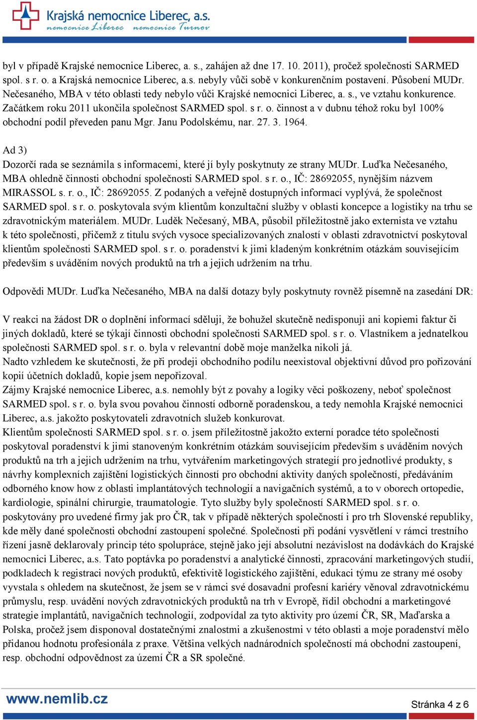 Janu Podolskému, nar. 27. 3. 1964. Ad 3) Dozorčí rada se seznámila s informacemi, které jí byly poskytnuty ze strany MUDr. Luďka Nečesaného, MBA ohledně činnosti obchodní společnosti SARMED spol. s r.