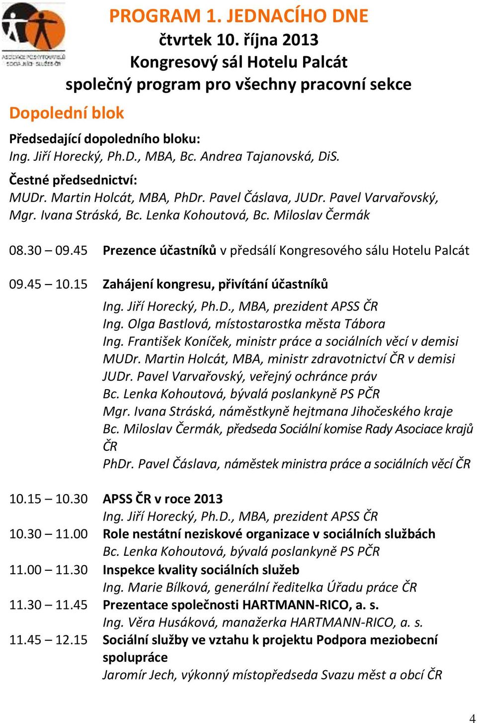 45 Prezence účastníků v předsálí Kongresového sálu Hotelu Palcát 09.45 10.15 Zahájení kongresu, přivítání účastníků Ing. Jiří Horecký, Ph.D., MBA, prezident APSS ČR Ing.