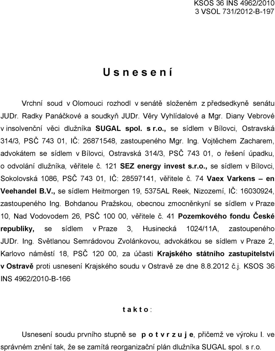 Vojtěchem Zacharem, advokátem se sídlem v Bílovci, Ostravská 314/3, PSČ 743 01, o řešení úpadku, o odvolání dlužníka, věřitele č. 121 SEZ energy invest s.r.o., se sídlem v Bílovci, Sokolovská 1086, PSČ 743 01, IČ: 28597141, věřitele č.