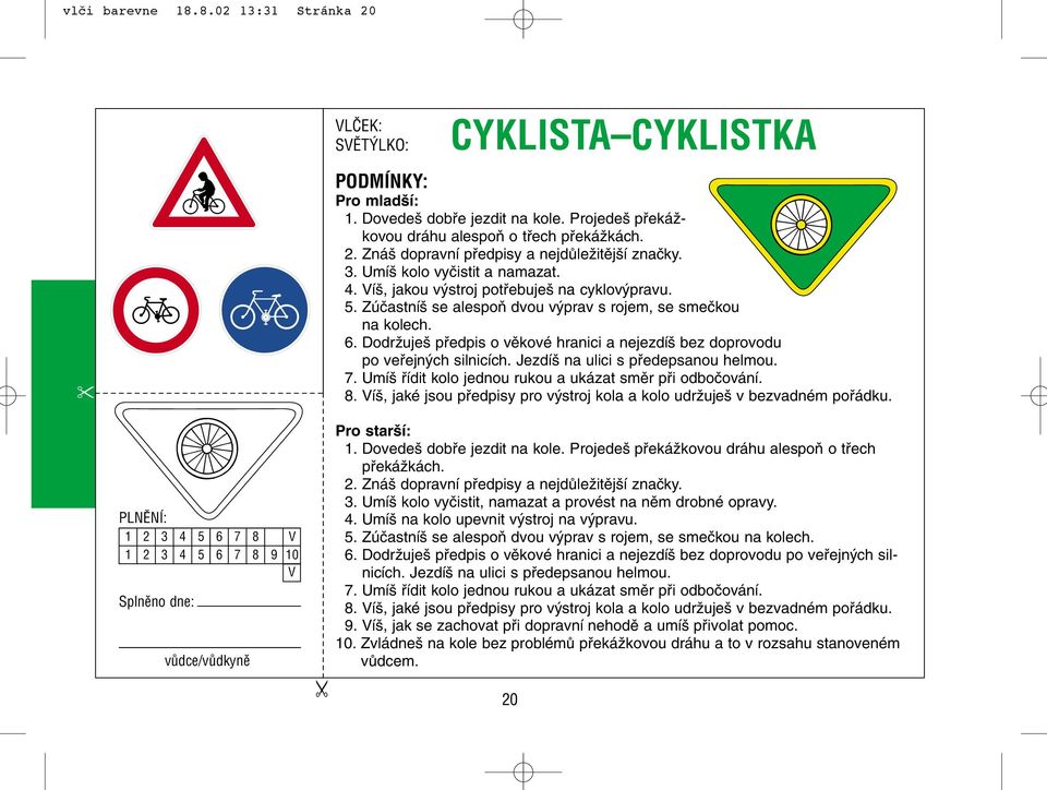 DodrÏuje pfiedpis o vûkové hranici a nejezdí bez doprovodu po vefiejn ch silnicích. Jezdí na ulici s pfiedepsanou helmou. 7. Umí fiídit kolo jednou rukou a ukázat smûr pfii odboãování. 8.