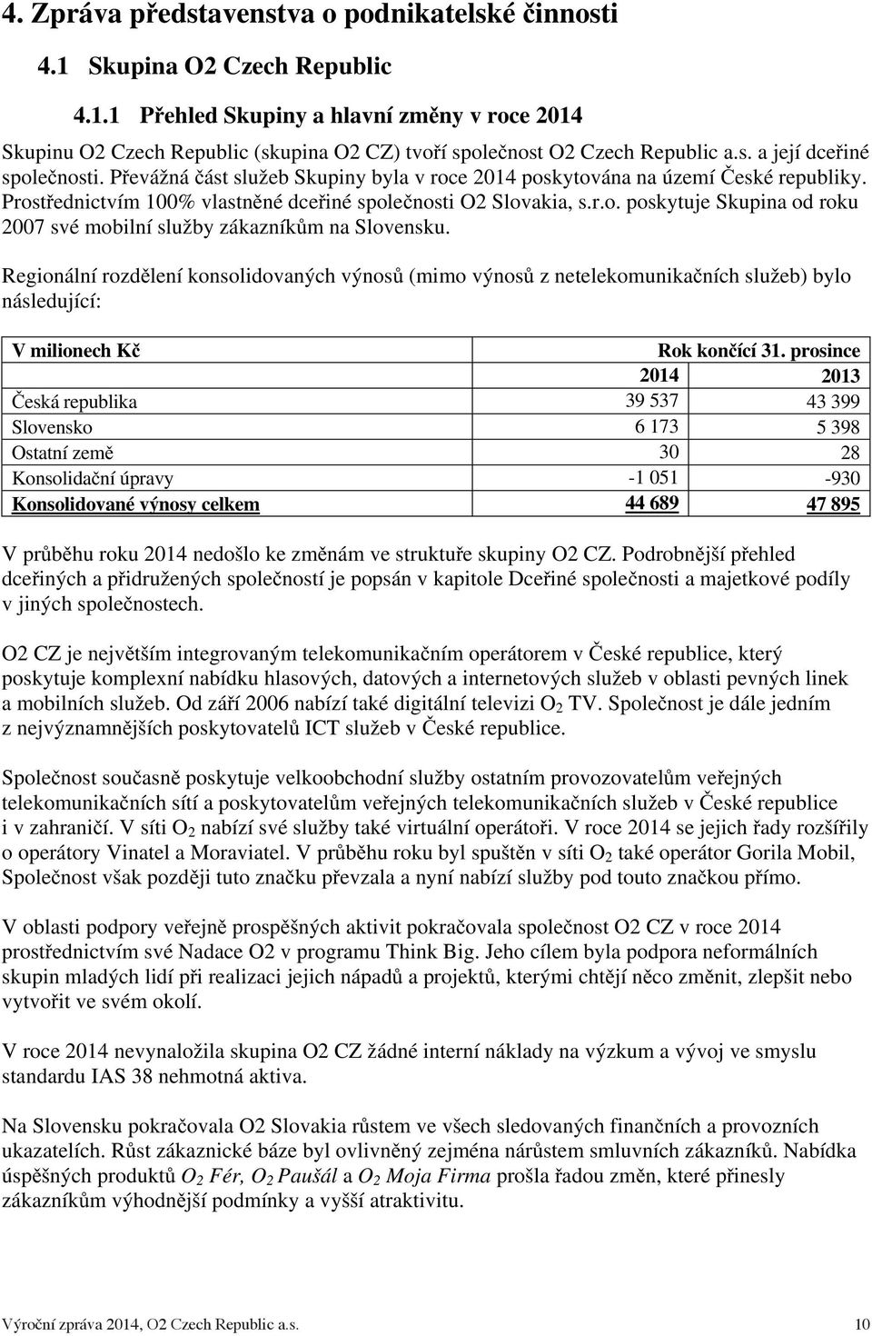 Pevážná ást služeb Skupiny byla v roce 2014 poskytována na území eské republiky. Prostednictvím 100% vlastnné dceiné spolenosti O2 Slovakia, s.r.o. poskytuje Skupina od roku 2007 své mobilní služby zákazníkm na Slovensku.