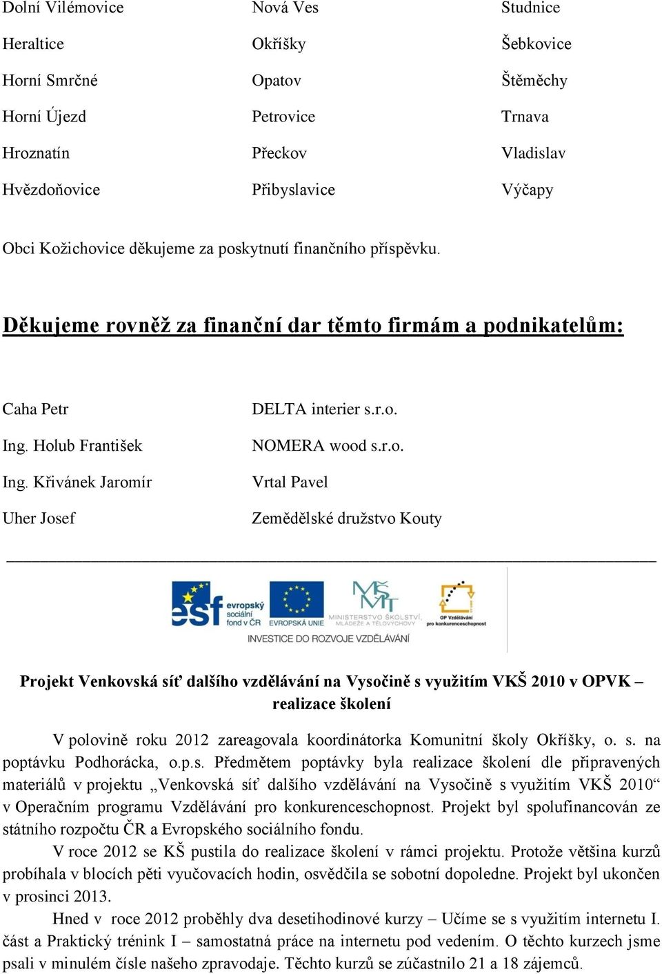 r.o. Vrtal Pavel Zemědělské družstvo Kouty Projekt Venkovská síť dalšího vzdělávání na Vysočině s využitím VKŠ 2010 v OPVK realizace školení V polovině roku 2012 zareagovala koordinátorka Komunitní