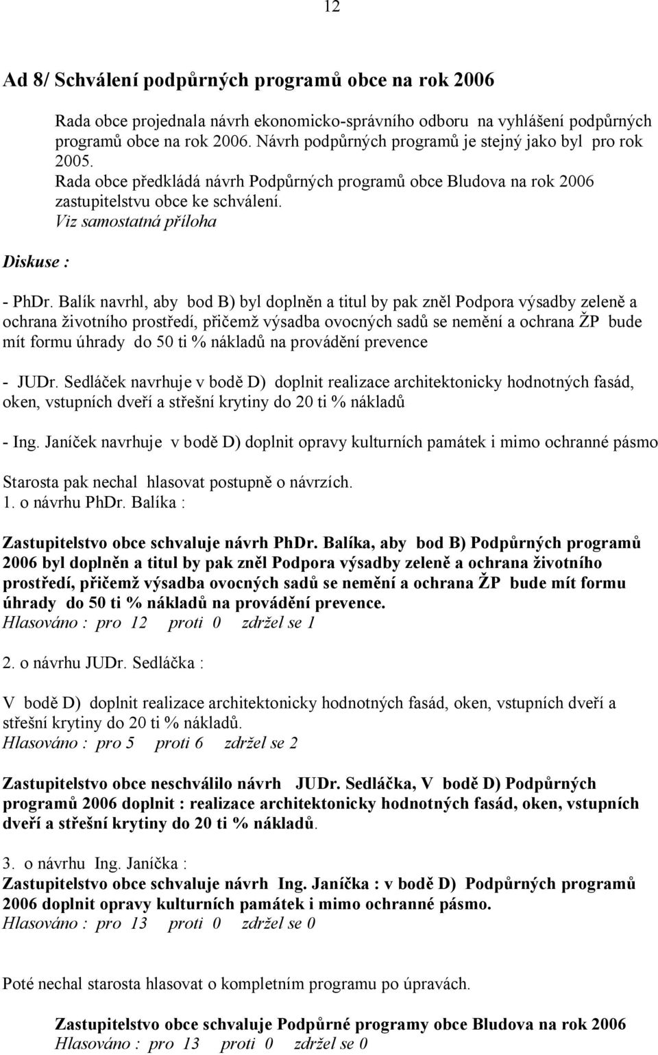 Balík navrhl, aby bod B) byl dopln n a titul by pak zn l Podpora výsadby zelen a ochrana ivotního prost edí, p em výsadba ovocných sad se nem ní a ochrana P bude mít formu úhrady do 50 ti % náklad na