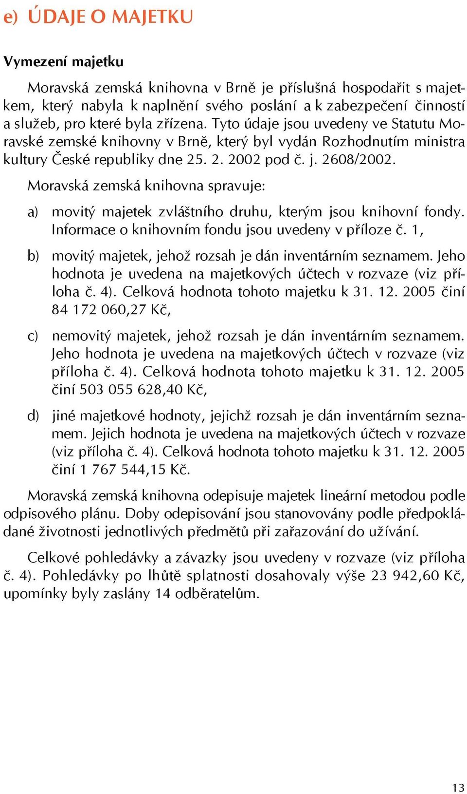 Moravská zemská knihovna spravuje: a) movitý majetek zvláštního druhu, kterým jsou knihovní fondy. Informace o knihovním fondu jsou uvedeny v příloze č.