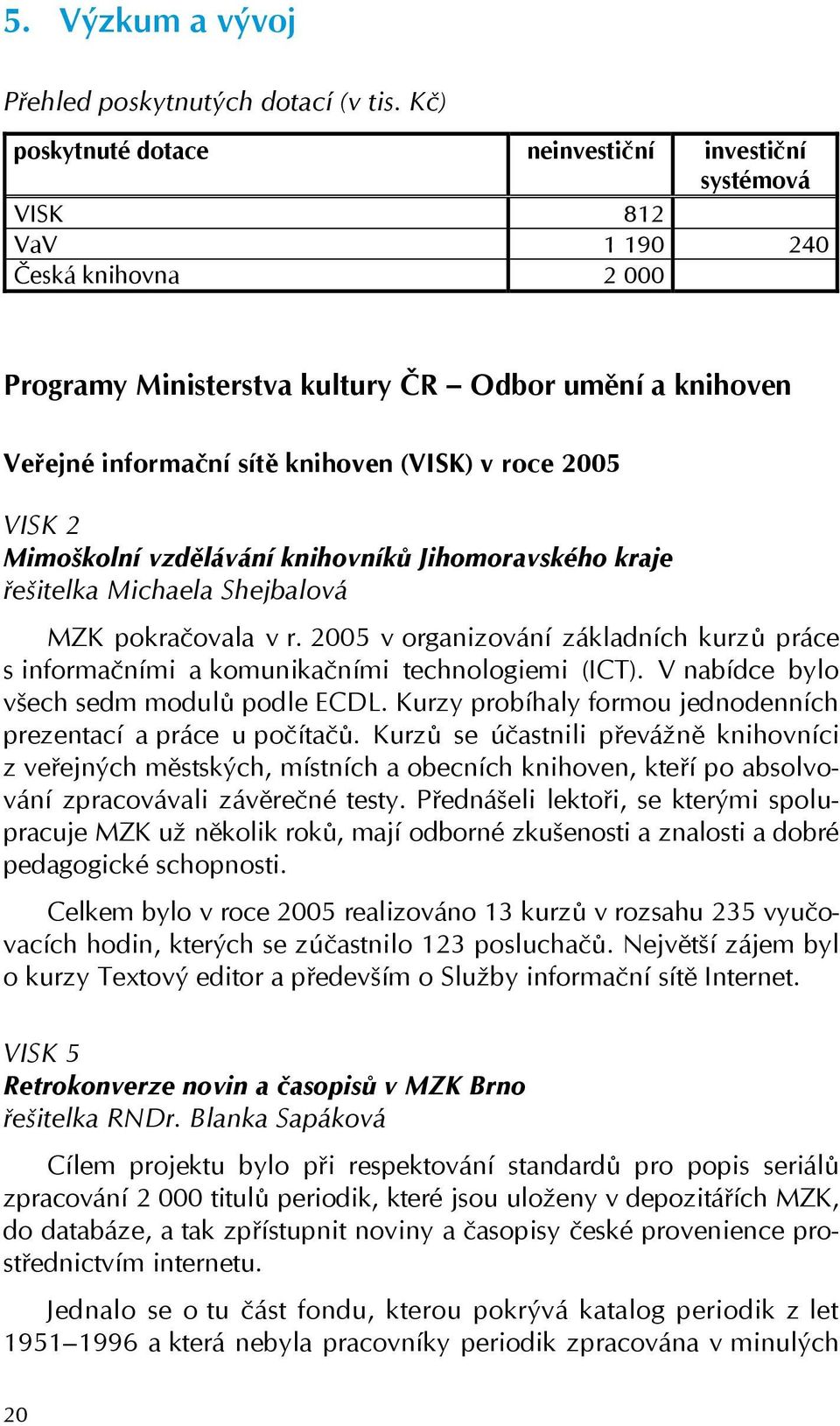 roce 2005 VISK 2 Mimoškolní vzdělávání knihovníků Jihomoravského kraje řešitelka Michaela Shejbalová MZK pokračovala v r.