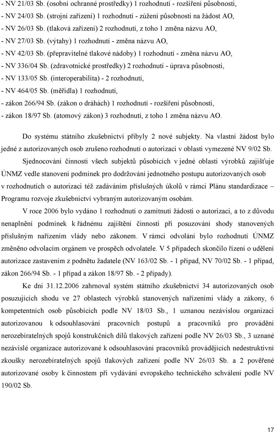 (přepravitelné tlakové nádoby) 1 rozhodnutí - změna názvu AO, - NV 336/04 Sb. (zdravotnické prostředky) 2 rozhodnutí - úprava působnosti, - NV 133/05 Sb.