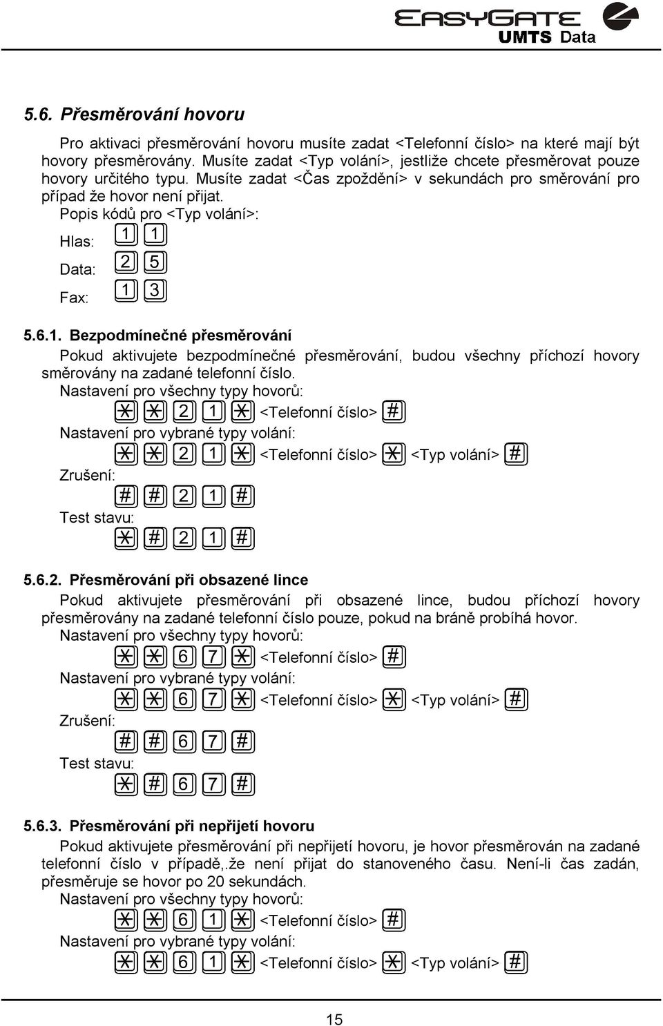 Popis kódů pro <Typ volání>: Hlas: Data: Fax: 5.6.1. Bezpodmínečné přesměrování Pokud aktivujete bezpodmínečné přesměrování, budou všechny příchozí hovory směrovány na zadané telefonní číslo.