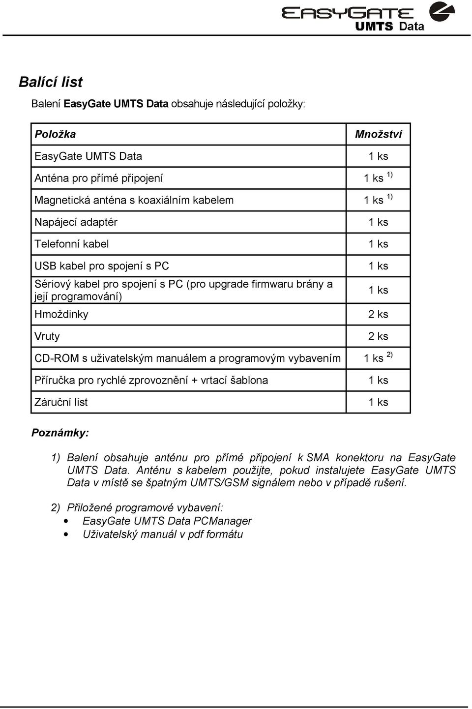 manuálem a programovým vybavením 1 ks 2) Příručka pro rychlé zprovoznění + vrtací šablona Záruční list 1 ks 1 ks Poznámky: 1) Balení obsahuje anténu pro přímé připojení k SMA konektoru na EasyGate