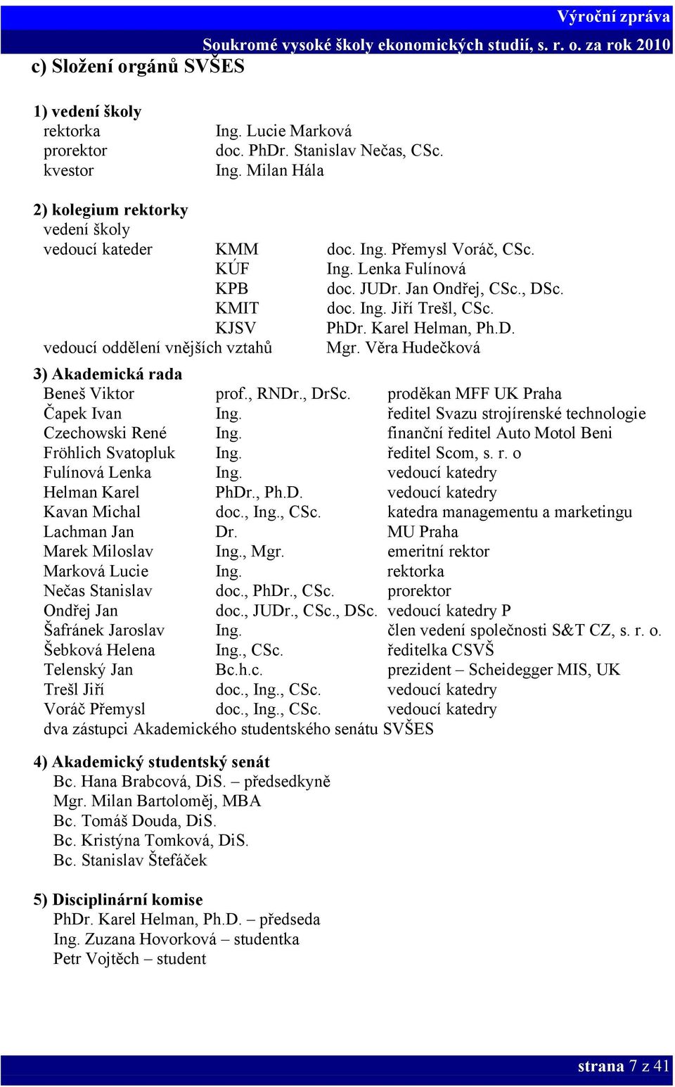 Věra Hudečková 3) Akademická rada Beneš Viktor prof., RNDr., DrSc. proděkan MFF UK Praha Čapek Ivan Ing. ředitel Svazu strojírenské technologie Czechowski René Ing.