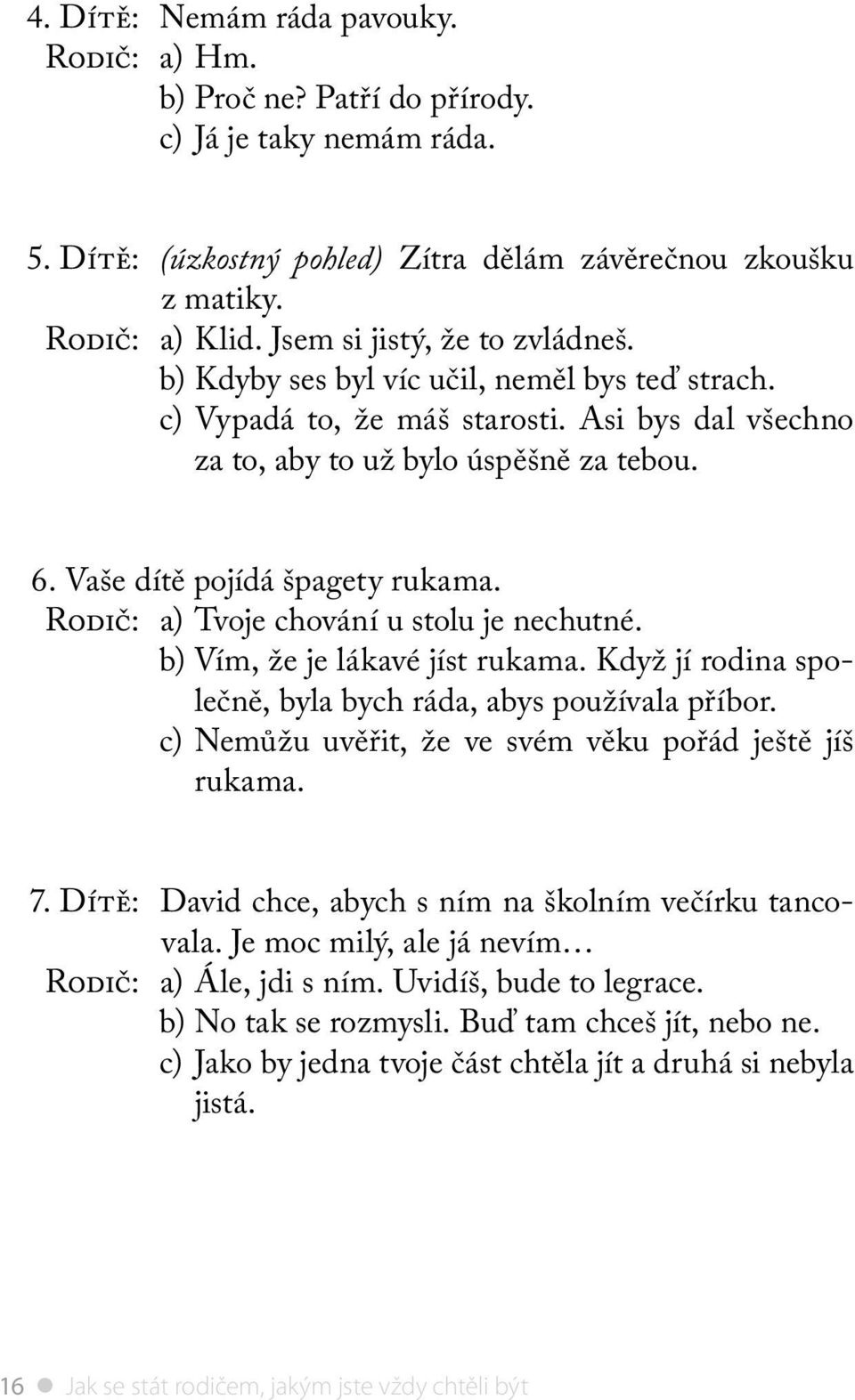 Vaše dítě pojídá špagety rukama. Rodič: a) Tvoje chování u stolu je nechutné. b) Vím, že je lákavé jíst rukama. Když jí rodina společně, byla bych ráda, abys používala příbor.