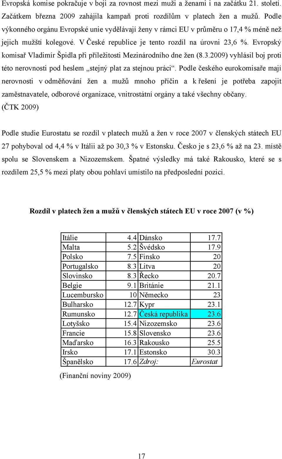 Evropský komisař Vladimír Špidla při příležitosti Mezinárodního dne žen (8.3.2009) vyhlásil boj proti této nerovnosti pod heslem stejný plat za stejnou práci.