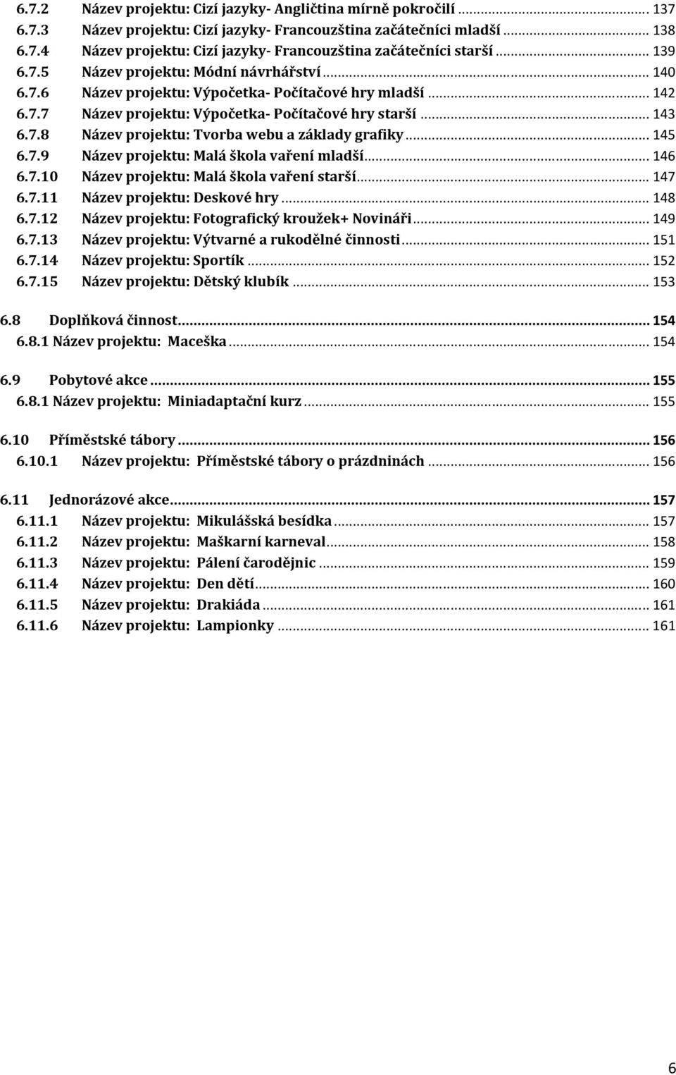 .. 145 6.7.9 Název projektu: Malá škola vaření mladší... 146 6.7.10 Název projektu: Malá škola vaření starší... 147 6.7.11 Název projektu: Deskové hry... 148 6.7.12 Název projektu: Fotografický kroužek+ Novináři.