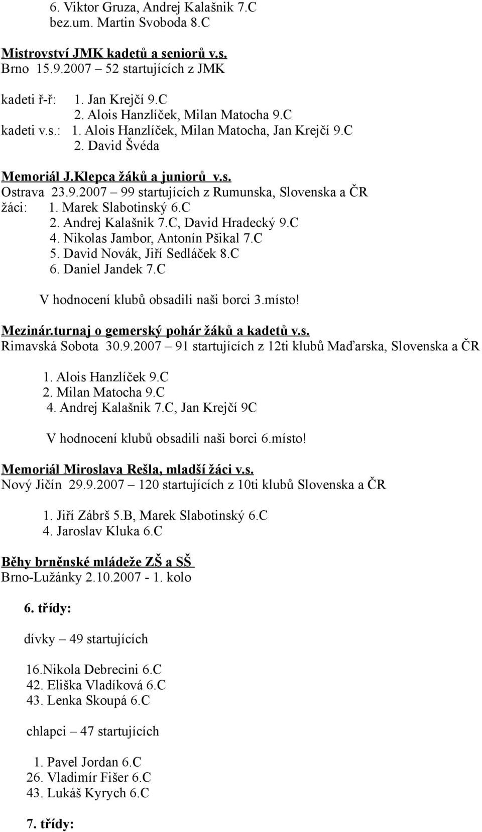 Marek Slabotinský 6.C 2. Andrej Kalašnik 7.C, David Hradecký 9.C 4. Nikolas Jambor, Antonín Pšikal 7.C 5. David Novák, Jiří Sedláček 8.C 6. Daniel Jandek 7.C V hodnocení klubů obsadili naši borci 3.