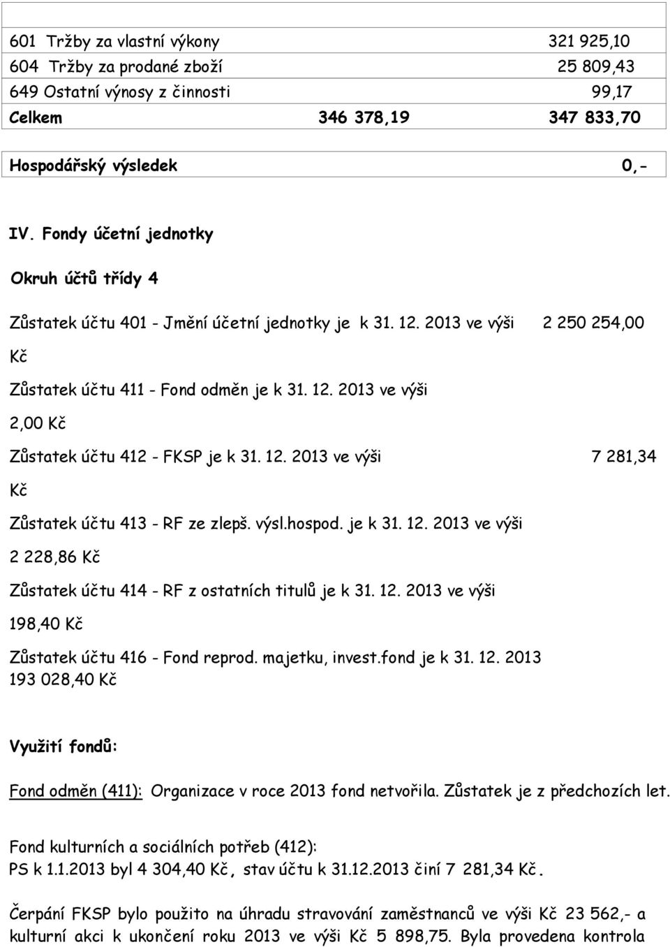 12. 2013 ve výši 7 281,34 Kč Zůstatek účtu 413 - RF ze zlepš. výsl.hospod. je k 31. 12. 2013 ve výši 2 228,86 Kč Zůstatek účtu 414 - RF z ostatních titulů je k 31. 12. 2013 ve výši 198,40 Kč Zůstatek účtu 416 - Fond reprod.