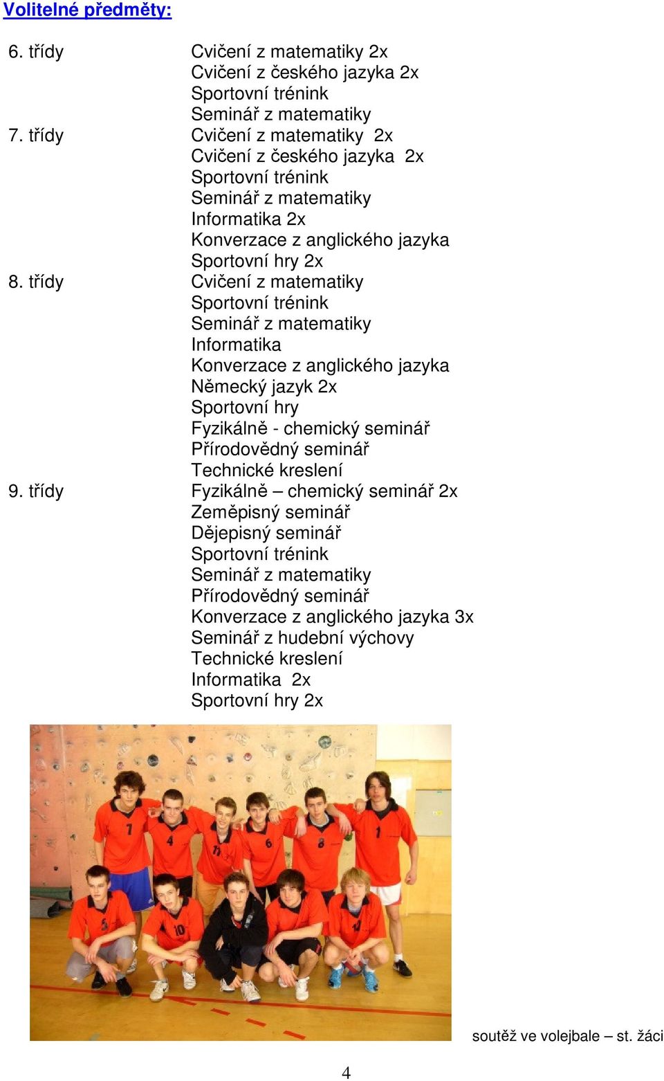 třídy Cvičení z matematiky Sportovní trénink Seminář z matematiky Informatika Konverzace z anglického jazyka Německý jazyk 2x Sportovní hry Fyzikálně - chemický seminář Přírodovědný seminář