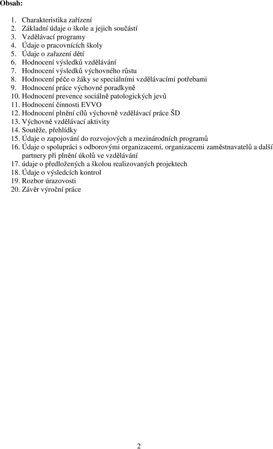 Hodnocení činnosti EVVO 12. Hodnocení plnění cílů výchovně vzdělávací práce ŠD 13. Výchovně vzdělávací aktivity 14. Soutěže, přehlídky 15.