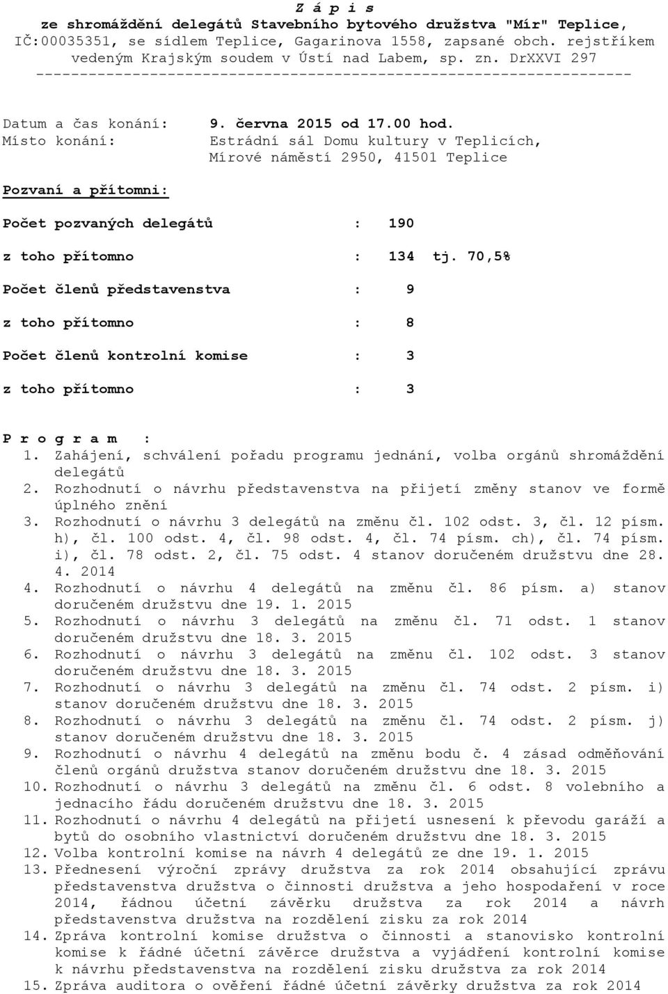 Estrádní sál Domu kultury v Teplicích, Mírové náměstí 2950, 41501 Teplice Pozvaní a přítomni: Počet pozvaných delegátů : 190 z toho přítomno : 134 tj.