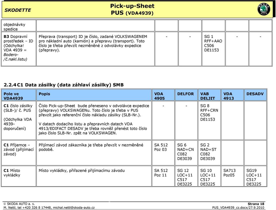 2.4 C1 Data zásilky (data záhlaví zásilky) SMB Pole ve VDA4939 Popis VDA 4905 DELFOR VAB DELJIT VDA 4913 DESADV C1 číslo zásilky (SLB-)/ č.