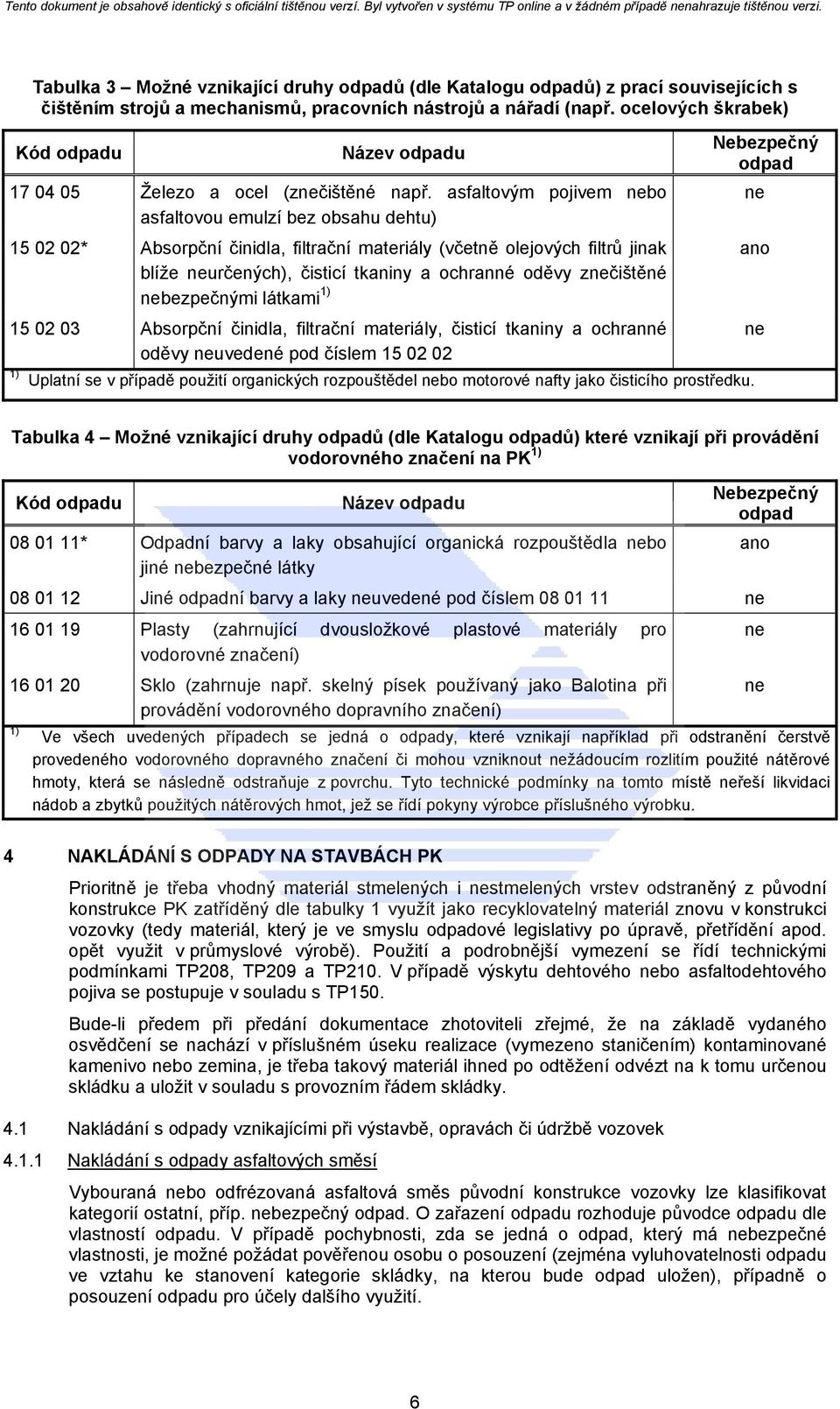 asfaltovým pojivem nebo asfaltovou emulzí bez obsahu dehtu) 15 02 02* Absorpční činidla, filtrační materiály (včetně olejových filtrů jinak blíže neurčených), čisticí tkaniny a ochranné oděvy