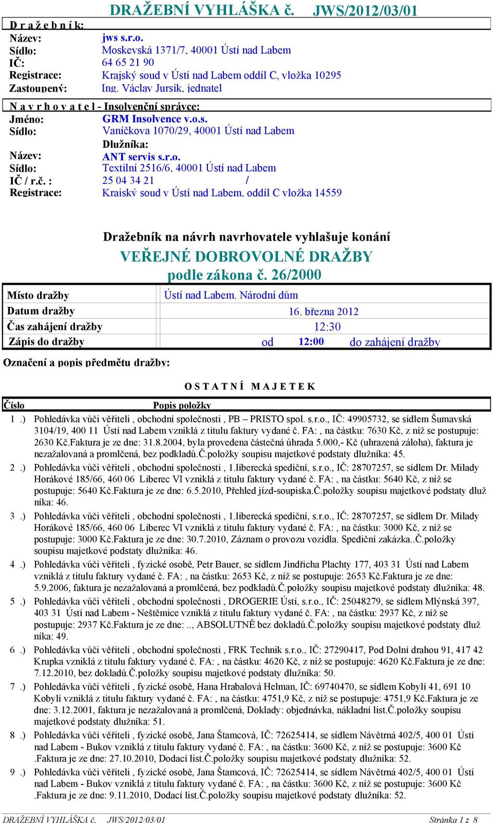 r.o. Textilní 2516/6, 40001 Ústí nad Labem 25 04 34 21 / Krajský soud v Ústí nad Labem, oddíl C vložka 14559 JWS/2012/03/01 Místo dražby Datum dražby Čas zahájení dražby Zápis do dražby Označení a