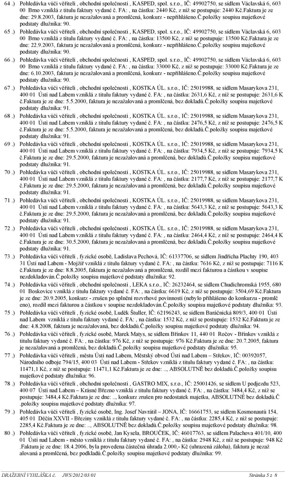 Pohledávka vůči věřiteli, obchodní společnosti, KASPED, spol. s.r.o., IČ: 49902750, se sídlem Václavská 6, 603 00 Brno vzniklá z titulu faktury vydané č.