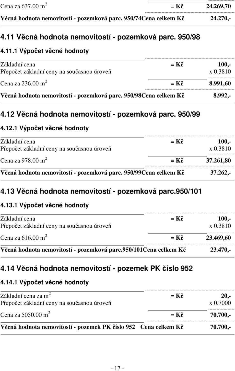 991,60 Věcná hodnota nemovitostí - pozemková parc. 950/98Cena celkem Kč 8.992,- 4.12 Věcná hodnota nemovitostí - pozemková parc. 950/99 4.12.1 Výpočet věcné hodnoty Základní cena = Kč 100,- Přepočet základní ceny na současnou úroveň x 0.