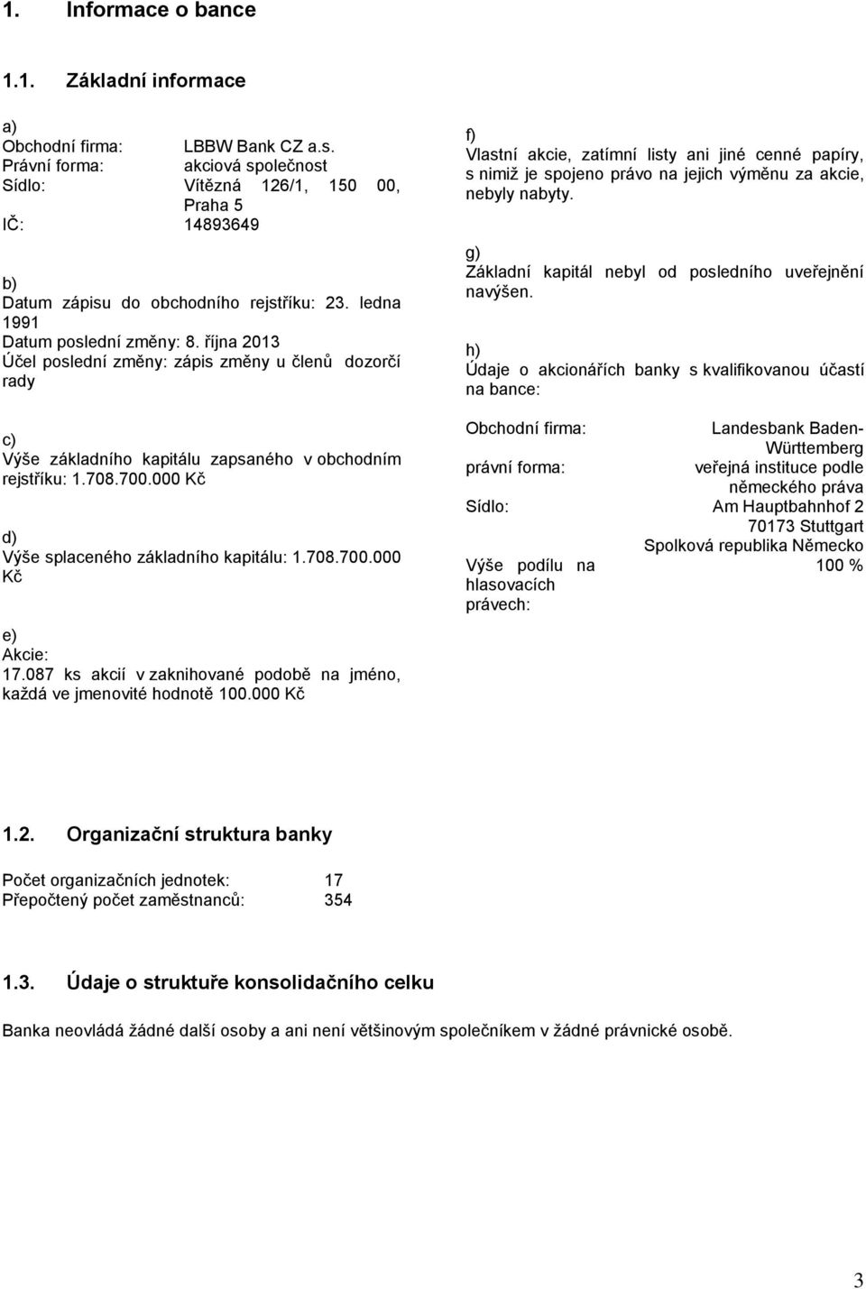 října 2013 Účel poslední změny: zápis změny u členů dozorčí rady c) Výše základního kapitálu zapsaného v obchodním rejstříku: 1.708.700.000 Kč d) Výše splaceného základního kapitálu: 1.708.700.000 Kč e) Akcie: 17.