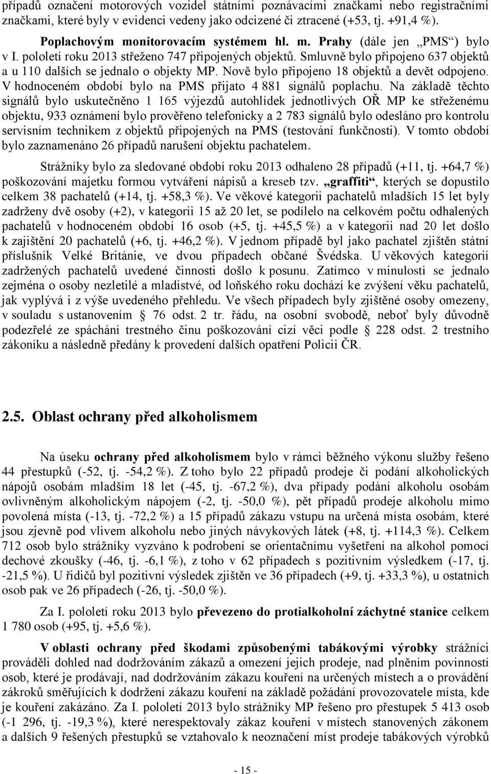 Smluvně bylo připojeno 637 objektů a u 110 dalších se jednalo o objekty MP. Nově bylo připojeno 18 objektů a devět odpojeno. V hodnoceném období bylo na PMS přijato 4 881 signálů poplachu.