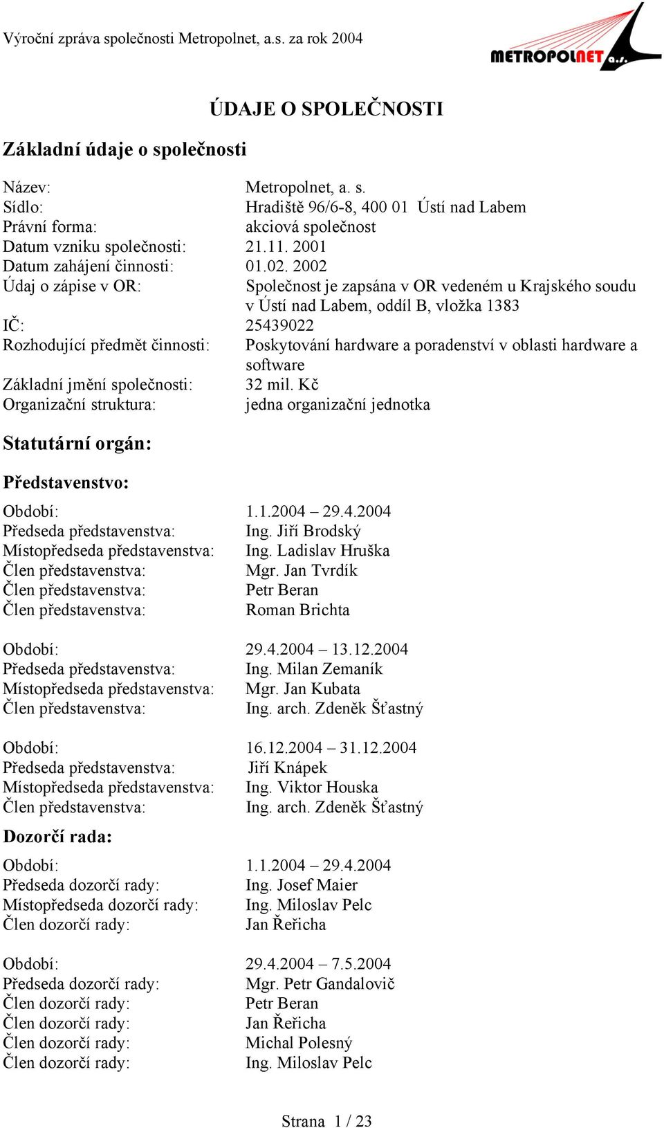 2002 Údaj o zápise v OR: Společnost je zapsána v OR vedeném u Krajského soudu v Ústí nad Labem, oddíl B, vložka 1383 IČ: 25439022 Rozhodující předmět činnosti: Poskytování hardware a poradenství v