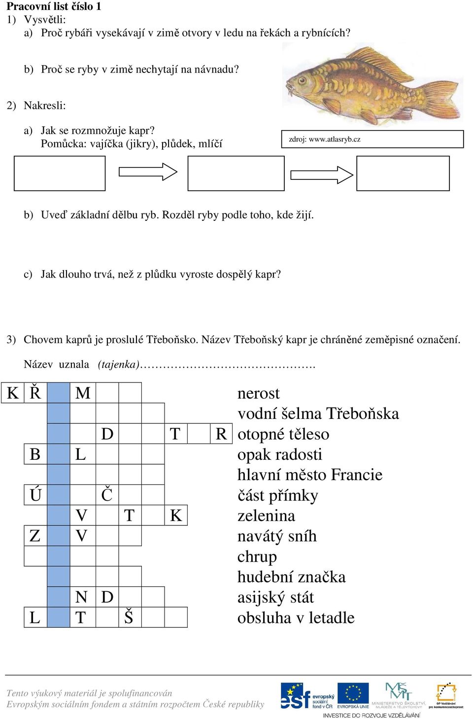 3) Chovem kaprů je proslulé Třeboňsko. Název Třeboňský kapr je chráněné zeměpisné označení. Název uznala (tajenka).