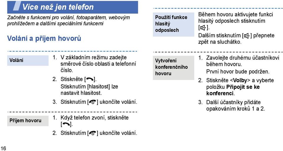 2. Stiskněte [ ]. Stisknutím [hlasitost] lze nastavit hlasitost. 3. Stisknutím [ ] ukončíte volání. 1. Když telefon zvoní, stiskněte [ ]. 2. Stisknutím [ ] ukončíte volání. Vytvoření konferenčního hovoru 1.