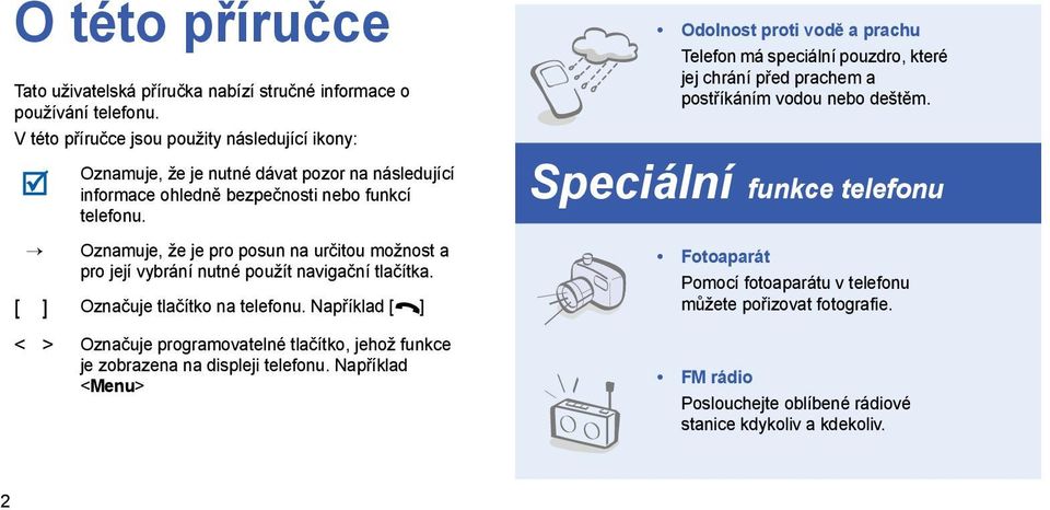 Oznamuje, že je pro posun na určitou možnost a pro její vybrání nutné použít navigační tlačítka. [ ] Označuje tlačítko na telefonu.