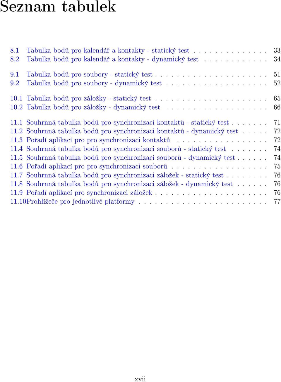 2 Tabulka bod pro záloºky - dynamický test................... 66 11.1 Souhrnná tabulka bod pro synchronizaci kontakt - statický test....... 71 11.