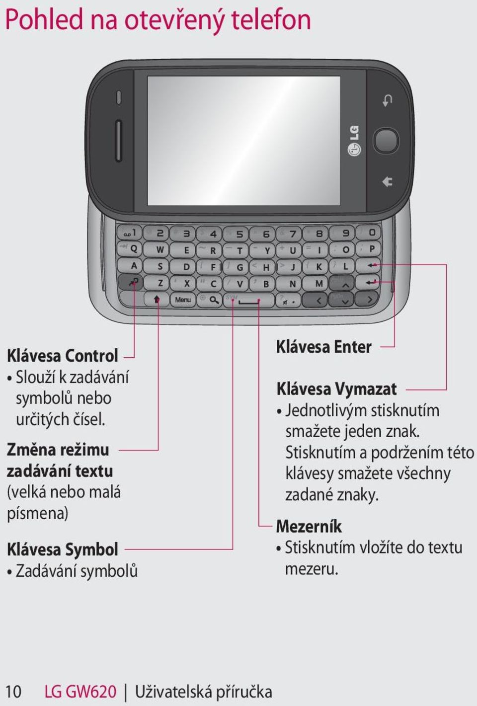 Enter Klávesa Vymazat Jednotlivým stisknutím smažete jeden znak.