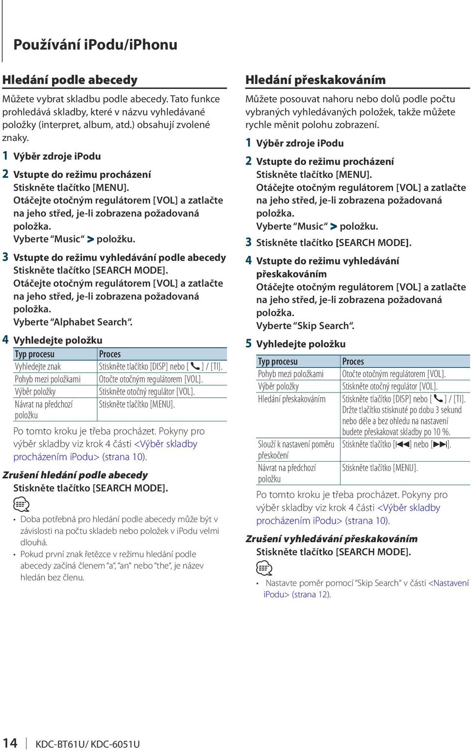 Vyberte Alphabet Search. 4 Vyhledejte položku Typ procesu Proces Vyhledejte znak Stiskněte tlačítko [DISP] nebo [ ] / [TI]. Pohyb mezi položkami Otočte otočným regulátorem [VOL].