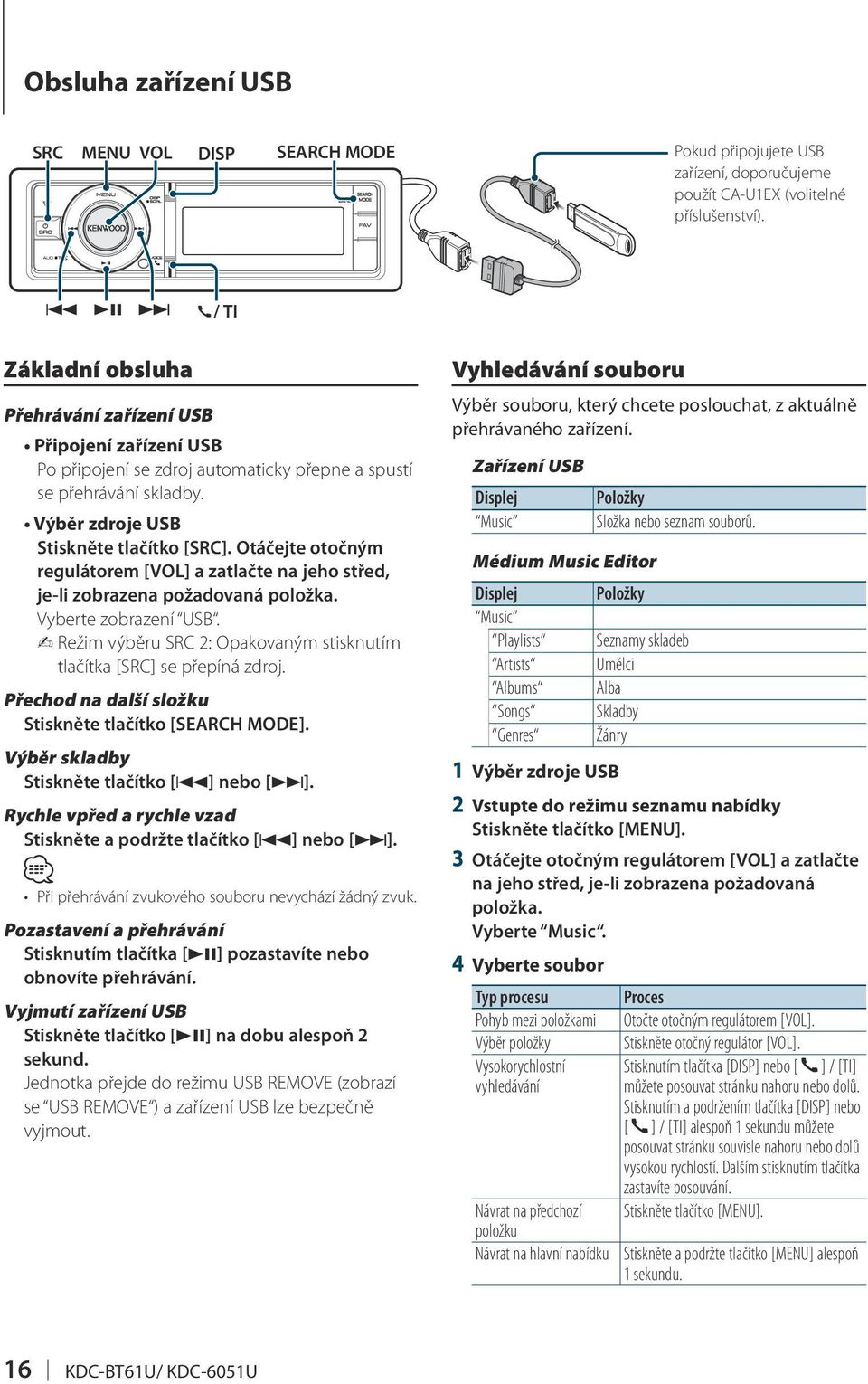 Otáčejte otočným regulátorem [VOL] a zatlačte na jeho střed, je-li zobrazena požadovaná Vyberte zobrazení USB. Režim výběru SRC 2: Opakovaným stisknutím tlačítka [SRC] se přepíná zdroj.