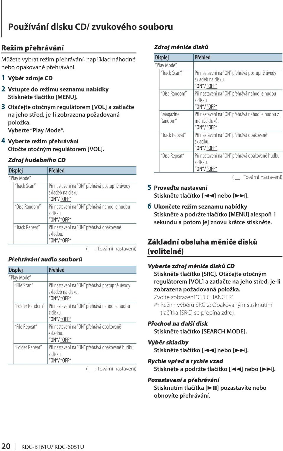 Zdroj hudebního CD Přehled Play Mode Track Scan Při nastavení na ON přehrává postupně úvody skladeb na disku. ON / OFF Disc Random Při nastavení na ON přehrává nahodile hudbu z disku.