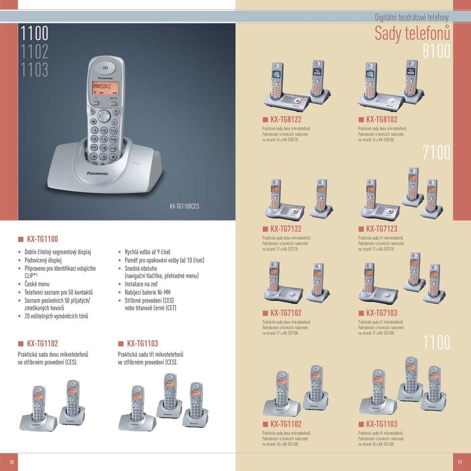7100 KX-TG1100CES KX-TG1100 Dobře čitelný segmentový displej Podsvícený displej Připraveno pro Identifikaci volajícího CLIP* 1 České menu Telefonní seznam pro 50 kontaktů Seznam posledních 50