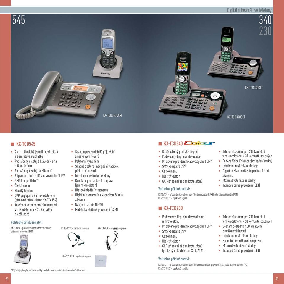 200 kontaktů v mikrotelefonu + 20 kontaktů na základně Volitelné příslušenství: KX-TCA154 přídavný mikrotelefon v metalicky stříbrném provedení (EXM) *1 Vyžaduje předplacení dané služby u vašeho