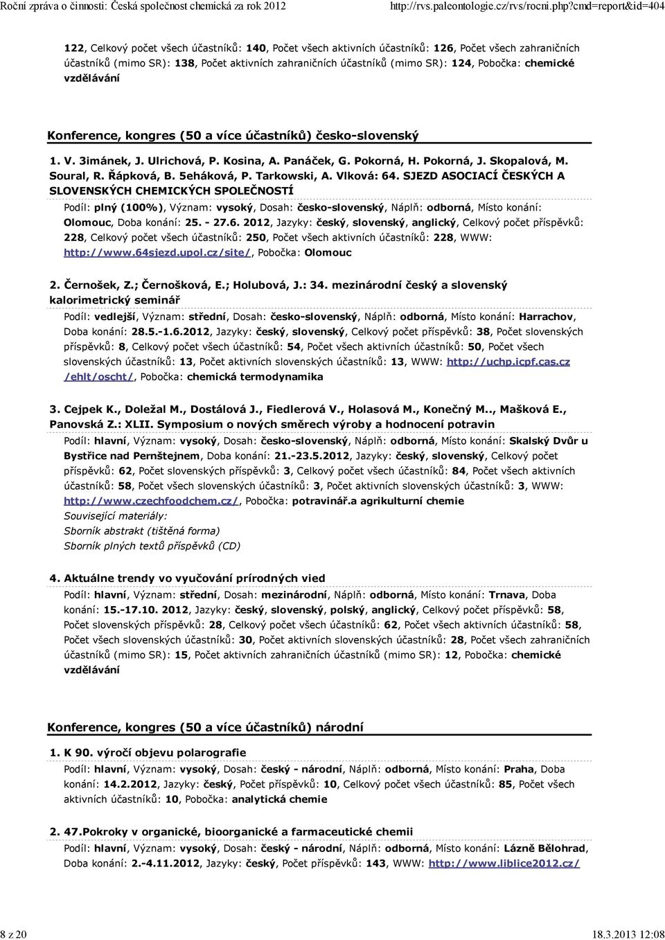 Pobočka: chemické vzdělávání Konference, kongres (50 a více účastníků) česko-slovenský 1. V. 3imánek, J. Ulrichová, P. Kosina, A. Panáček, G. Pokorná, H. Pokorná, J. Skopalová, M. Soural, R.