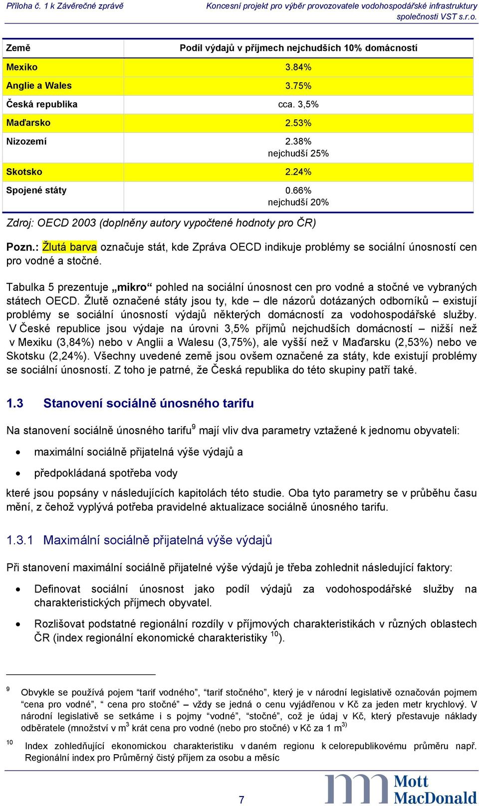 : Žlutá barva označuje stát, kde Zpráva OECD indikuje problémy se sociální únosností cen pro vodné a stočné.