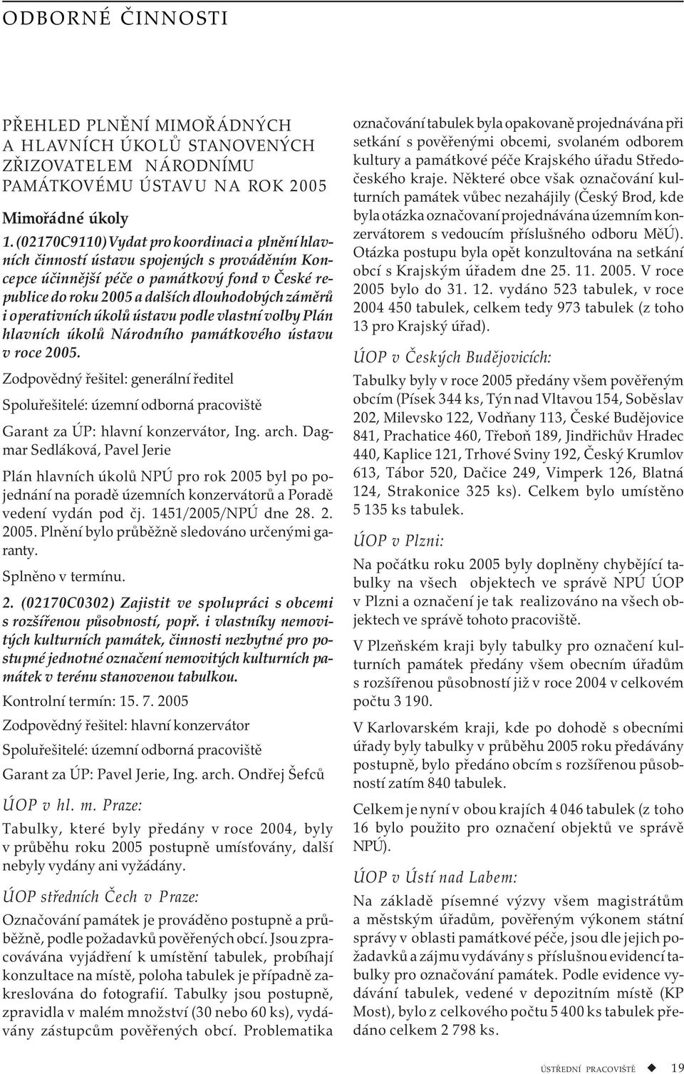 operativních úkolů ústavu podle vlastní volby Plán hlavních úkolů Národního památkového ústavu v roce 2005.