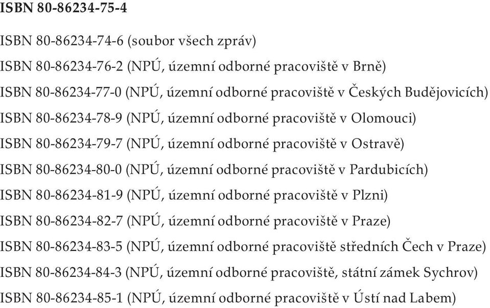 pracoviště v Pardubicích) ISBN 80-86234-81-9 (NPÚ, územní odborné pracoviště v Plzni) ISBN 80-86234-82-7 (NPÚ, územní odborné pracoviště v Praze) ISBN 80-86234-83-5 (NPÚ, územní odborné