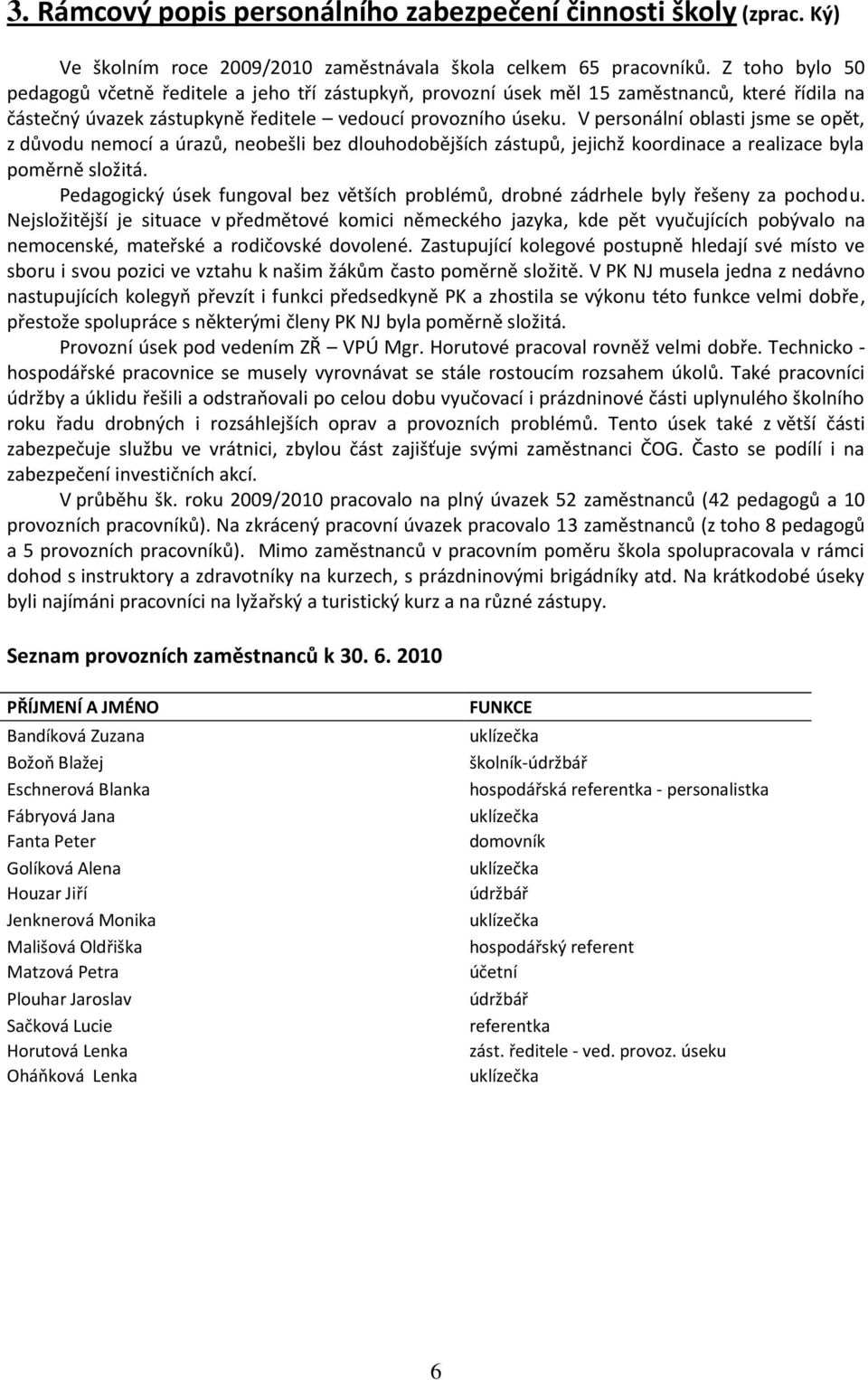 V personální oblasti jsme se opět, z důvodu nemocí a úrazů, neobešli bez dlouhodobějších zástupů, jejichž koordinace a realizace byla poměrně složitá.