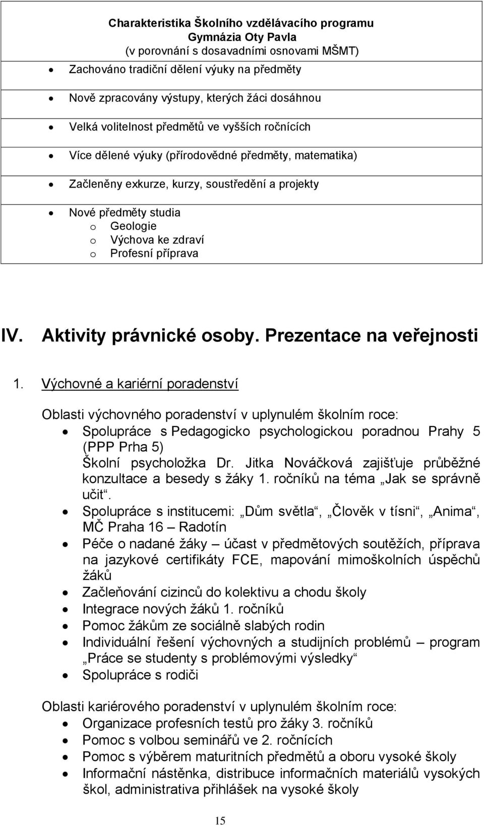 zdraví o Profesní příprava IV. Aktivity právnické osoby. Prezentace na veřejnosti 1.