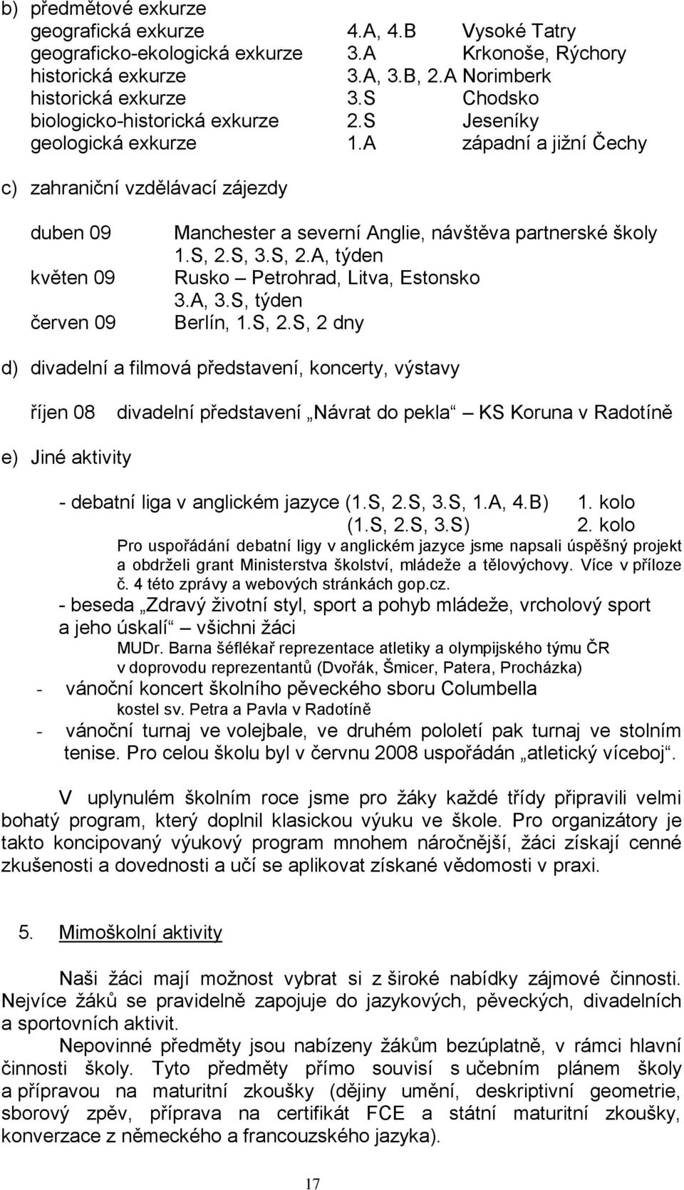 A západní a jiţní Čechy c) zahraniční vzdělávací zájezdy duben 09 květen 09 červen 09 Manchester a severní Anglie, návštěva partnerské školy 1.S, 2.S, 3.S, 2.A, týden Rusko Petrohrad, Litva, Estonsko 3.