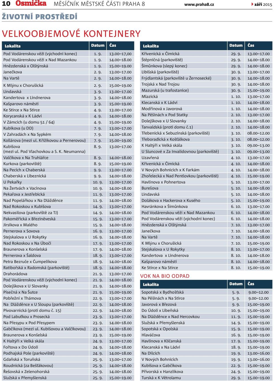 9. 13.00 17.00 Kandertova x Lindnerova 3. 9. 14.00 18.00 Kašparovo náměstí 3. 9. 15.00 19.00 Ke Stírce x Na Stírce 4. 9. 13.00 17.00 Korycanská x K Ládví 4. 9. 14.00 18.00 V Zámcích (u domu 51 / 64) 4.