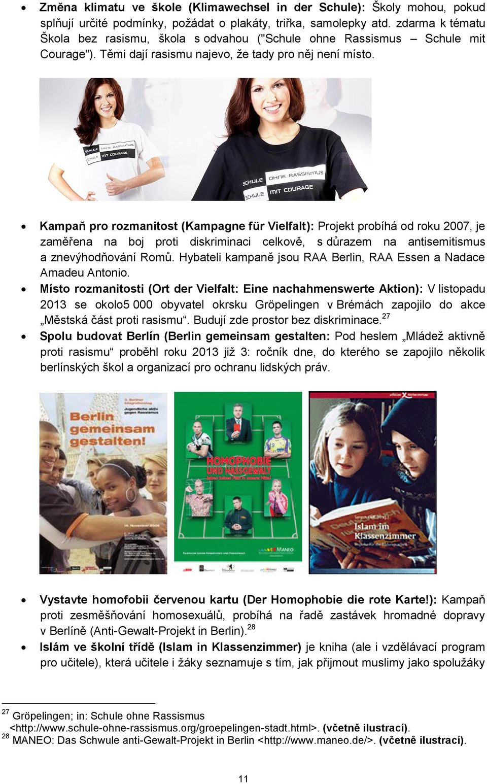 Kampaň pro rozmanitost (Kampagne für Vielfalt): Projekt probíhá od roku 2007, je zaměřena na boj proti diskriminaci celkově, s důrazem na antisemitismus a znevýhodňování Romů.